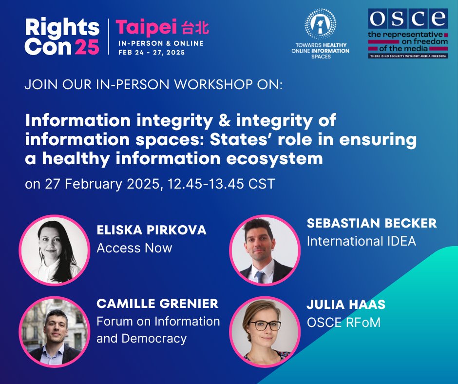 Are you taking part in #RightsCon2025?
If so, follow the activities of the <a href="/OSCE_RFoM/">OSCE media freedom</a> Office:

1⃣ Workshop on information (spaces) integrity;
2⃣ Session on wartime censorship;
3⃣ Consultation on our Media &amp; Big Tech Initiative.

More info about our work 👇
osce.org/representative…