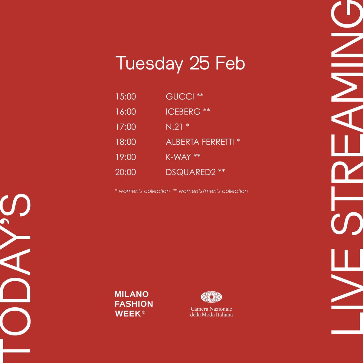 #MFW day 1
Today’s shows for the Fall/Winter 2025-26 women’s collection at Milan Fashion Week. Check the schedule and don’t miss all the live-streams from your favourite runway shows and the looks from the latest collections. 
Now live on milanofashionweek.cameramoda.it