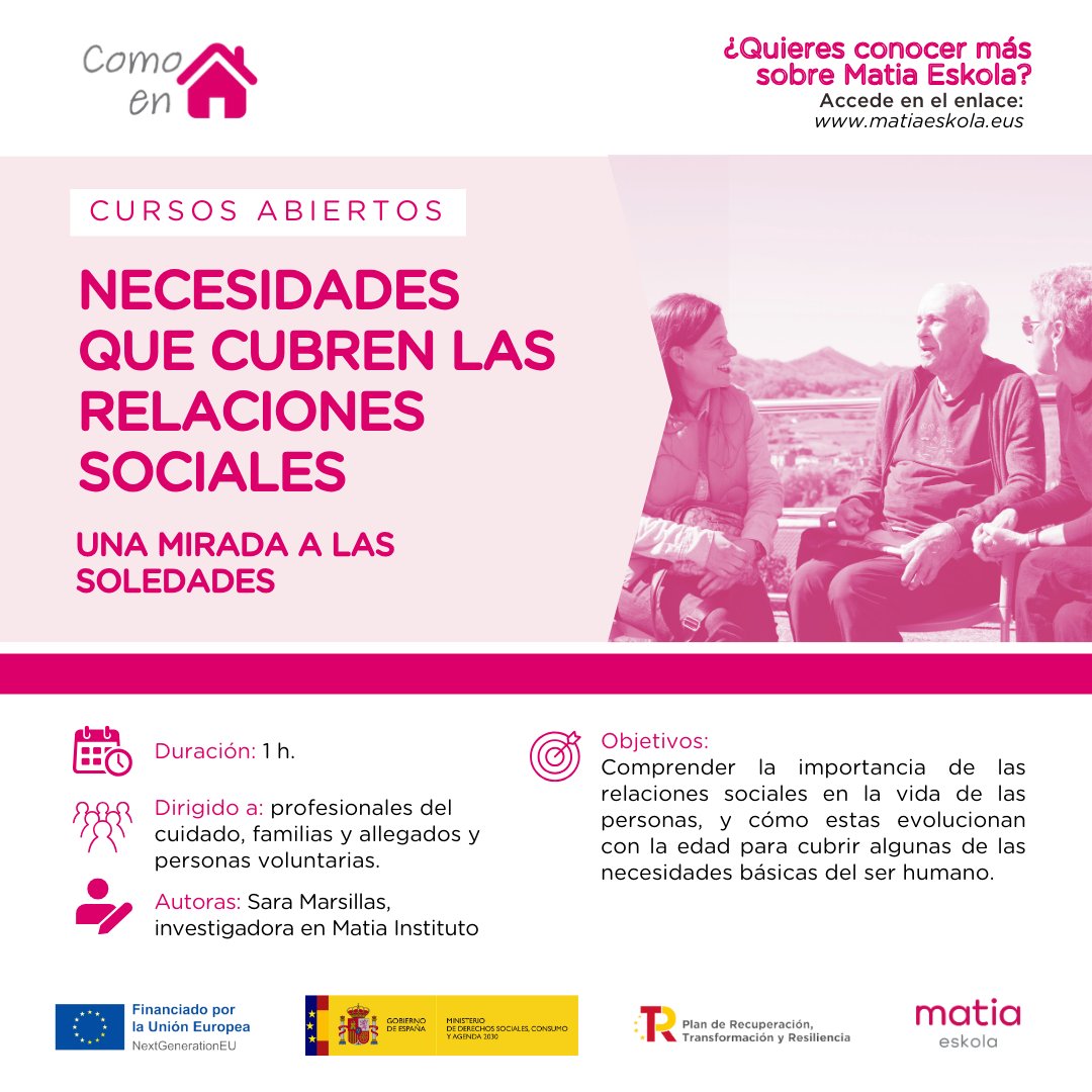 #NuevoCursoMeK🔥 |

🔥Esta píldora formativa de #MatiaEskola nos ayuda a ampliar nuestra mirada sobre las necesidades sociales de las #personasmayores y cómo podemos valorarlas y apoyarlas en los entornos de #cuidados.

✍️Más info e inscripciones:
matiaeskola.eus/es/compound-co…