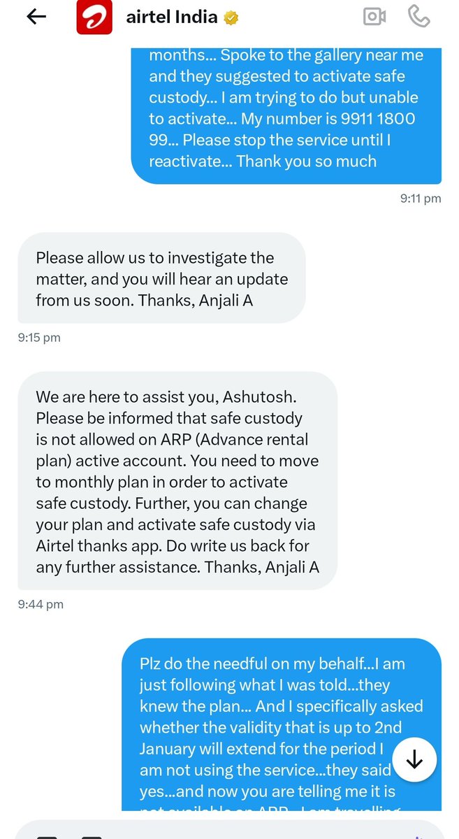 ashu774's tweet photo. Dear @airtelindia now I am sharing the issue step by step. I had a plan of 6 months arp
I had to leave Mumbai for a couple of months 
I approached the nearest airtel gallery which is just adjacent to my building.
They assured that you can activate safe custody from your mobile. https://t.co/EdtWvtm4A7