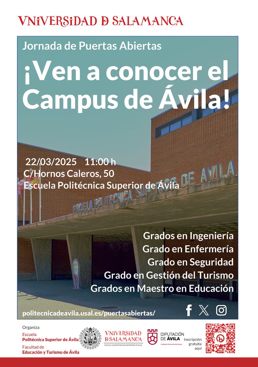 Politécnica de Ávila (@epsavila) on Twitter photo Jornada de Puertas Abiertas Campus <a href="/usal/">Universidad de Salamanca</a> en Ávila
🗓️22/03/2025
⏰ 11:00 h
📍 Escuela Politécnica Superior de Ávila
Inscripciones ➡️ forms.gle/tZ91BrMiRkURqZ…
#estudiaenAvila #campusUsalAvila
<a href="/EnfermeriaAvila/">E.U. de Enfermería de Ávila</a> <a href="/EduTurismoAvila/">Educación y Turismo</a> <a href="/SpioUsal/">Servicio Orientación</a> <a href="/usal/">Universidad de Salamanca</a> Jornada de Puertas Abiertas Campus <a href="/usal/">Universidad de Salamanca</a> en Ávila
🗓️22/03/2025
⏰ 11:00 h
📍 Escuela Politécnica Superior de Ávila
Inscripciones ➡️ forms.gle/tZ91BrMiRkURqZ…
#estudiaenAvila #campusUsalAvila
<a href="/EnfermeriaAvila/">E.U. de Enfermería de Ávila</a> <a href="/EduTurismoAvila/">Educación y Turismo</a> <a href="/SpioUsal/">Servicio Orientación</a> <a href="/usal/">Universidad de Salamanca</a>