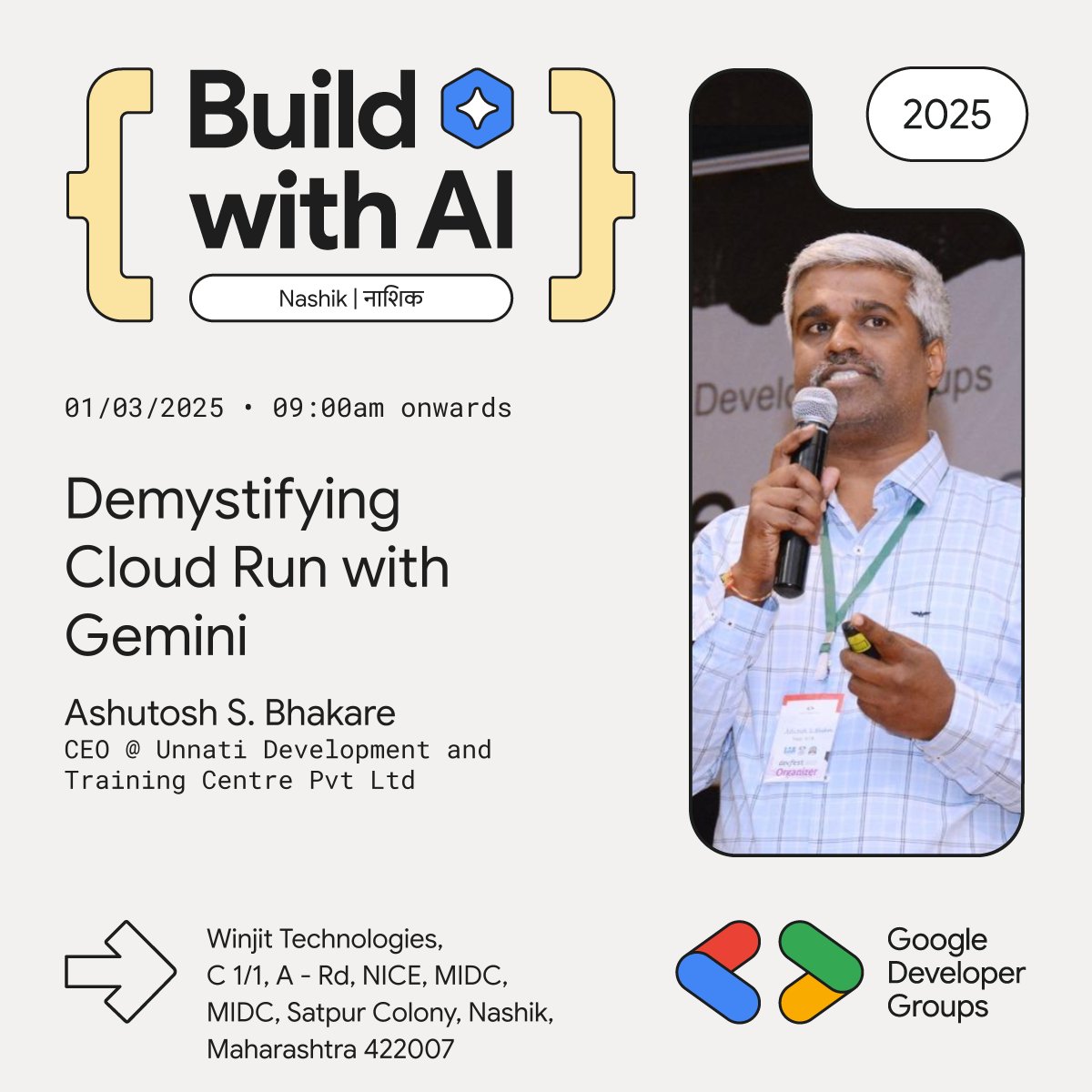 Get ready to dive deep into AI with Ashutosh Bhakare! We're excited to announce their session, 'Demystifying Cloud Run with Gemini', at our 'Build with AI' event. Prepare to be inspired!

📅 01st March 2025
📍Winjit Technologies, Nashik
#buildwithAI #Google #Gemini #AI