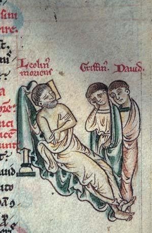 Dafydd ap Llywelyn died #OnThisDay in 1246. He is shown here in this 13th century manuscript drawing by Matthew Paris alongside his brother Gruffydd at the deathbed of their father Llywelyn the Great. (Image: Lampman via Wiki Commons Public Domain).