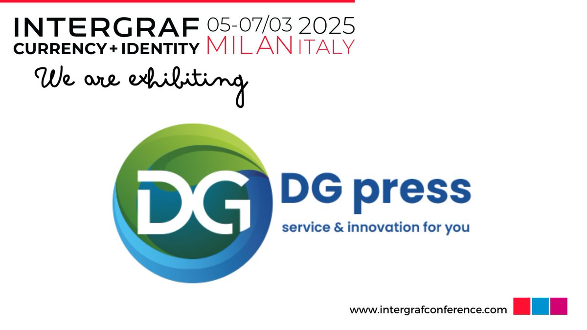 DG_press's tweet image. DG press is exhibiting at #Intergraf2025! 
Visit 𝗕𝗼𝗼𝘁𝗵 𝗻𝗼. 𝟮𝟮 for solutions in security printing at the Currency+Identity Conference. See you in Milan! Save the date: March 5-7, 2025. #securityprinting #weboffset #dgpress #securityprint