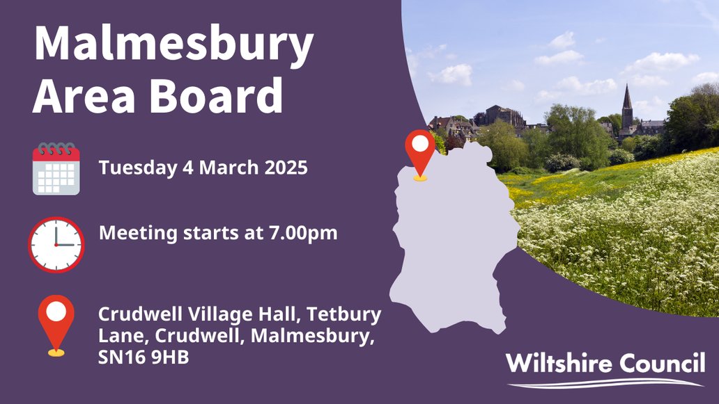 Malmesbury Area Board Meeting on Tuesday 4th March at 7pm!

Join residents, councillors and community partners. Discuss and hear updates as well as hearing about local priorities &amp; grant funding. 

Find out more 👉 orlo.uk/Malmesbury_Are…