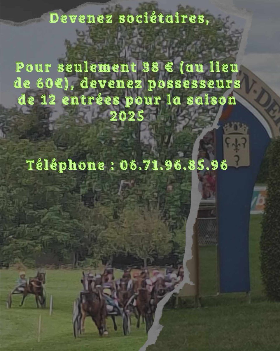 Amis turfistes, profitez de cette offre promotionnelle,  contactez nous tout simplement et pour seulement 38€ vous disposerez de 12 places pour les 5 réunions de la saison 2025 (au lieu de 60€, l'entrée étant à 5€). N'hésitez plus, merci à vous.