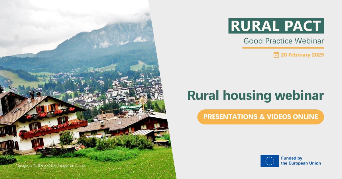 Couldn’t join our Good Practice Webinar last week? bit.ly/4aewUpu
Check out the presentations &amp; videos for inspiring examples of:
👉improving rural housing affordability &amp; availability
👉attracting new residents
👉promoting renovation efforts

#RuralPact #RuralVisionEU