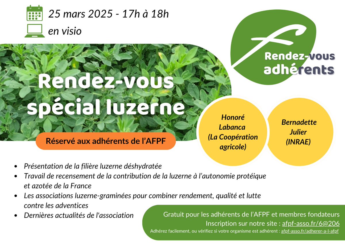 📢Les rendez-vous adhérents sont de retour ! ☘️
👉Pour tout savoir sur la filière luzerne deshydratée, et découvrir des résultats récents de recherche, rendez-vous le 25 mars prochain de 17 à 18h, en visio.📆

➡️afpf-asso.fr/agenda