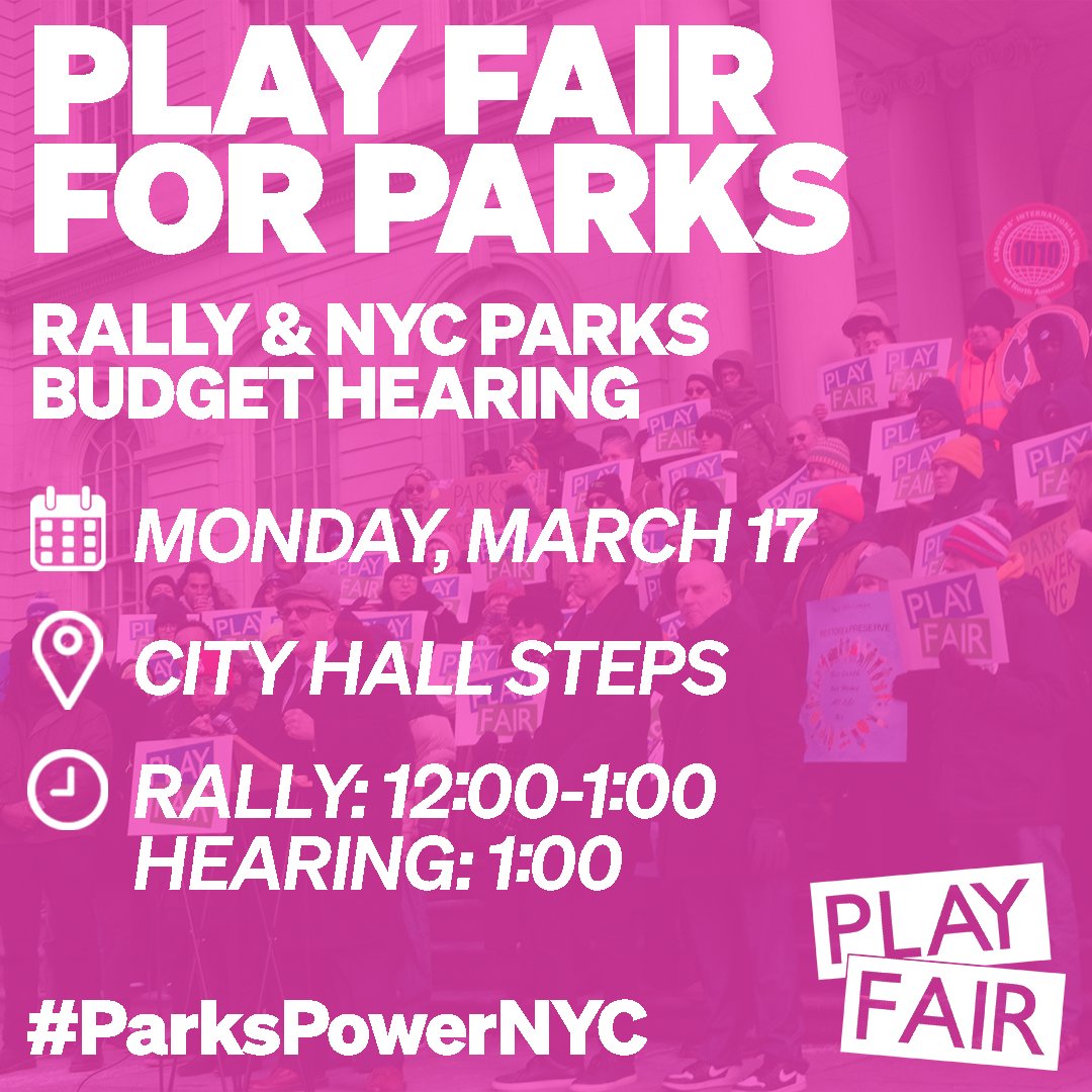 📢RALLY with the #PlayFair Coalition on 3/17 and testify at the <a href="/NYCCouncil/">New York City Council</a> preliminary budget hearing to demand <a href="/NYCParks/">NYC Parks</a> budget restorations and investment.

📅Monday, 3/17
📍City Hall Steps
🕛Rally: 12pm-1pm
🕐Budget Hearing: 1pm

#ParksPowerNYC

RSVP: bit.ly/ParksRally317
