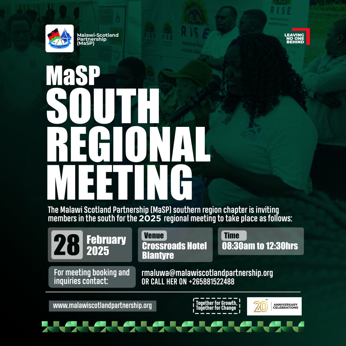 MaSP (@malawiscotland) on Twitter photo ๐๐๐ฏ๐ ๐ญ๐ก๐ ๐๐๐ญ๐
๐๐๐๐ ๐๐๐๐๐ ๐๐๐๐๐๐๐๐ ๐๐๐๐๐๐๐
We are inviting members in the south for the 2025 regional meeting.
Date : 28th February, 2025
Venue : Crossroads Hotel, Blantyre
Time : 8:30am to 12:30hrs
Contact: Ruth on +265881522488 ๐๐๐ฏ๐ ๐ญ๐ก๐ ๐๐๐ญ๐
๐๐๐๐ ๐๐๐๐๐ ๐๐๐๐๐๐๐๐ ๐๐๐๐๐๐๐
We are inviting members in the south for the 2025 regional meeting.
Date : 28th February, 2025
Venue : Crossroads Hotel, Blantyre
Time : 8:30am to 12:30hrs
Contact: Ruth on +265881522488