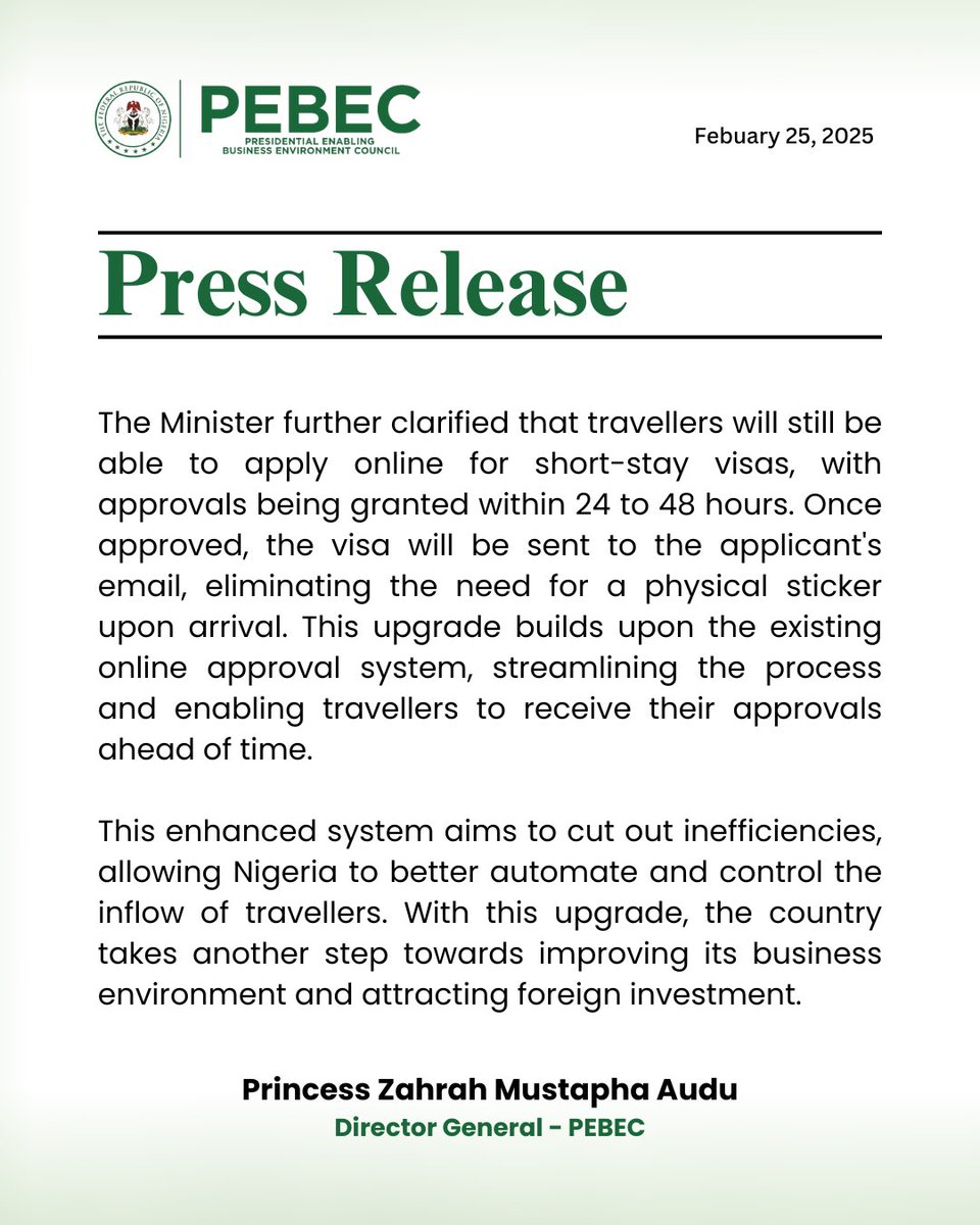 PEBECgovng's tweet photo. Press Release on Visa on Arrival Update (E-Visa)
@Princessmaudu @BTOofficial @MinOfInteriorNG
#PEBEC #PEBECWorks #EaseOfDoingBusiness #VisaOnArrival #VOA https://t.co/mk5zHd4zXA