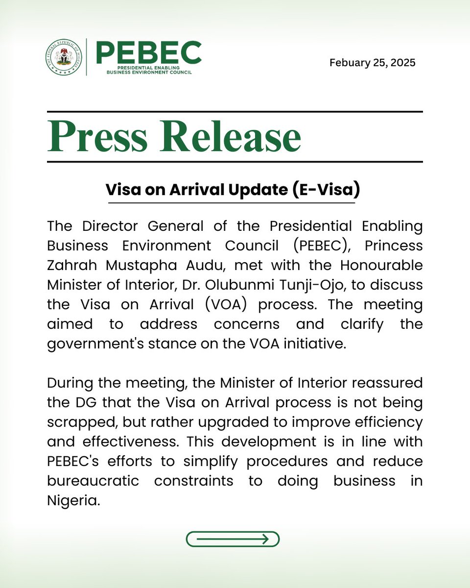 PEBECgovng's tweet photo. Press Release on Visa on Arrival Update (E-Visa)
@Princessmaudu @BTOofficial @MinOfInteriorNG
#PEBEC #PEBECWorks #EaseOfDoingBusiness #VisaOnArrival #VOA https://t.co/mk5zHd4zXA
