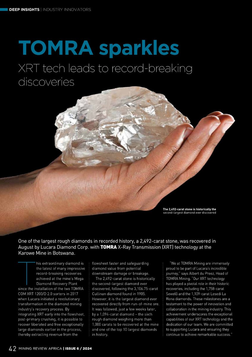 TOMRAMining's tweet image. ✨ TOMRA’s XRT technology is transforming diamond recovery, breaking records &amp;amp; setting new benchmarks. 💎Discover more in this article of @MiningReview ! 🔗 #TOMRAMining #XRT #SensorBasedSorting