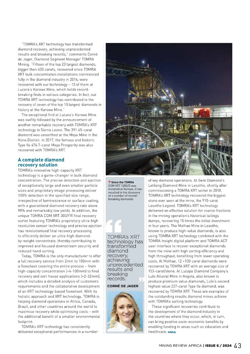 TOMRAMining's tweet image. ✨ TOMRA’s XRT technology is transforming diamond recovery, breaking records &amp;amp; setting new benchmarks. 💎Discover more in this article of @MiningReview ! 🔗 #TOMRAMining #XRT #SensorBasedSorting