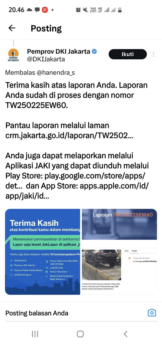 Terima kasih <a href="/DKIJakarta/">Pemprov DKI Jakarta</a>. Sebagai rakyat jelata, kami sangat bahagia. Tetapi tadi pagi, saya melihat mereka melakukan hal yang sama lagi, petugas penjaga busway dan tentara yg diperbantukan tidak mampu bertindak tegas.