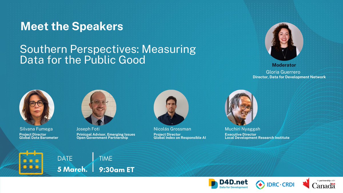 Meet our speakers
How can we improve collaboration between global data measurement initiatives?

Join us as we explore key questions at Southern Perspectives: Measuring Data for the Public Good!

Register today: us02web.zoom.us/webinar/regist… 

📅5 March, 2025
⏰9:30am ET/ 4:30pm CAT