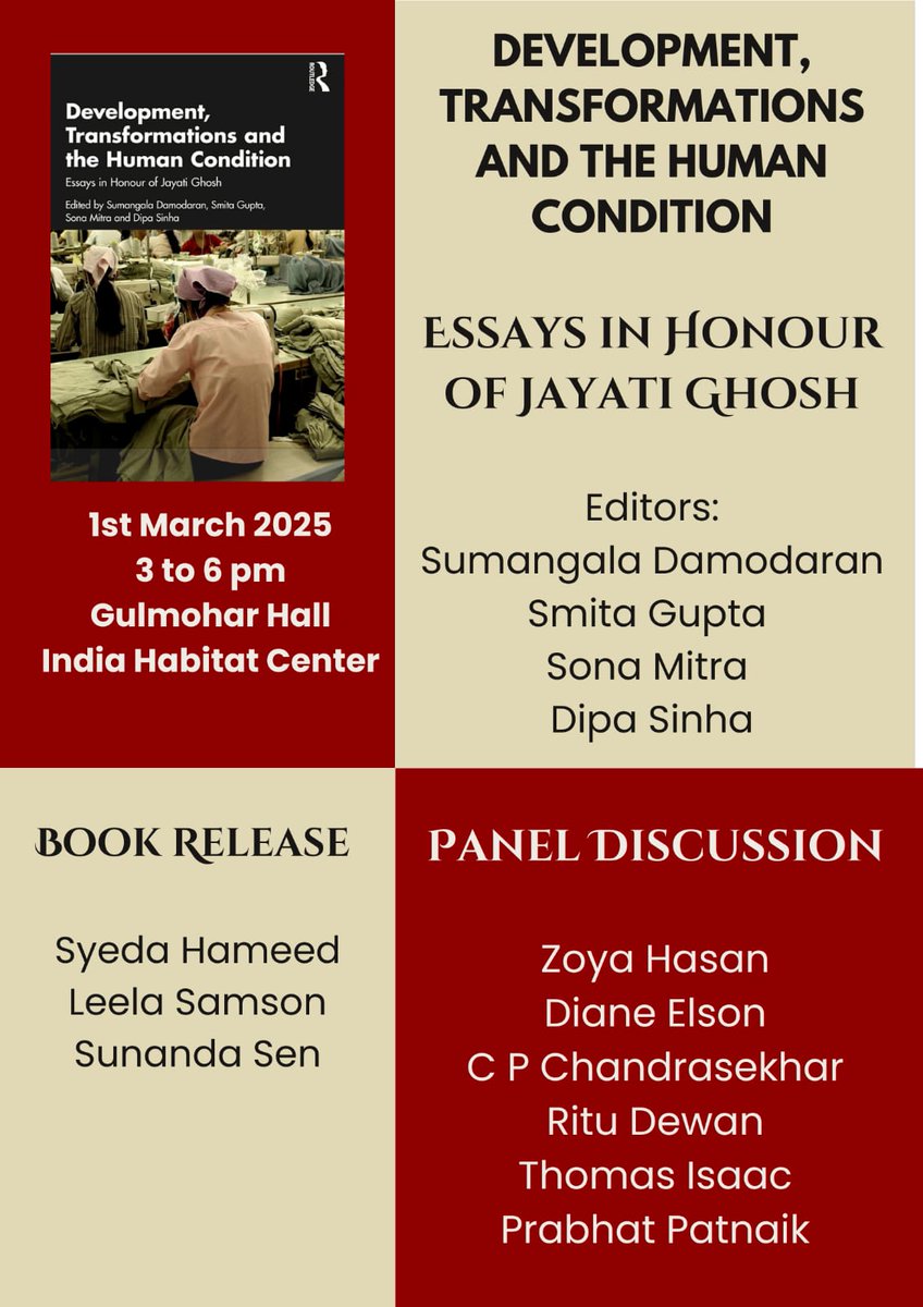 IDEAs (@deveconnetwork) on Twitter photo 📢🗣️📘honoring <a href="/Jayati1609/">Jayati Ghosh</a> has been published. A release event & panel discussion with Profs. Diane Elson, Prabhat Patnaik, <a href="/cpc01/">C.P. Chandrasekhar</a> et al is due in New Delhi on🗓️1 March 2025. It is edited by former students including <a href="/SumangalaD/">Sumangala Damodaran</a> & <a href="/sinhadipa/">Dipa Sinha</a>
Zoom link⤵️
networkideas.org/announcements/… 📢🗣️📘honoring <a href="/Jayati1609/">Jayati Ghosh</a> has been published. A release event & panel discussion with Profs. Diane Elson, Prabhat Patnaik, <a href="/cpc01/">C.P. Chandrasekhar</a> et al is due in New Delhi on🗓️1 March 2025. It is edited by former students including <a href="/SumangalaD/">Sumangala Damodaran</a> & <a href="/sinhadipa/">Dipa Sinha</a>
Zoom link⤵️
networkideas.org/announcements/…