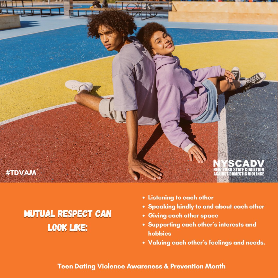 NYSCADV's tweet photo. In a respectful relationship, both are equal. This means listening, speaking kindly, giving space, supporting interests, and valuing feelings & needs. What else does mutual respect look like? #TDVAM #LoveIsRespect #RespectThat https://t.co/J2qIHEOnv0