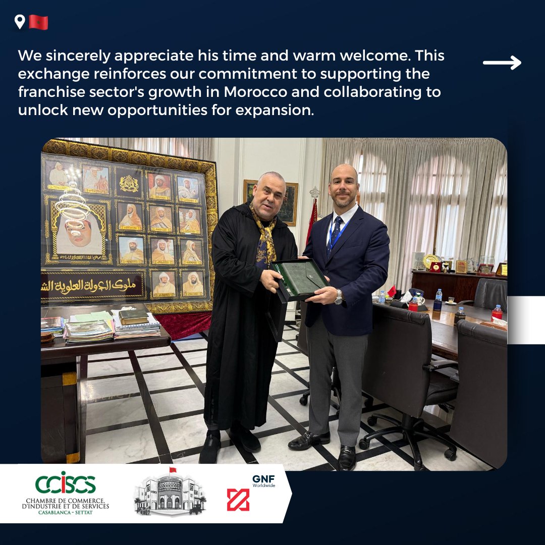GNFWorldwide's tweet photo. A significant meeting between M. Hassane Berkani, President of the Chamber of Commerce, Industry, and Services of Casablanca-Settat, and our Founding Partner, Fernando López de Castilla, CFE. https://t.co/BXus14TTSX