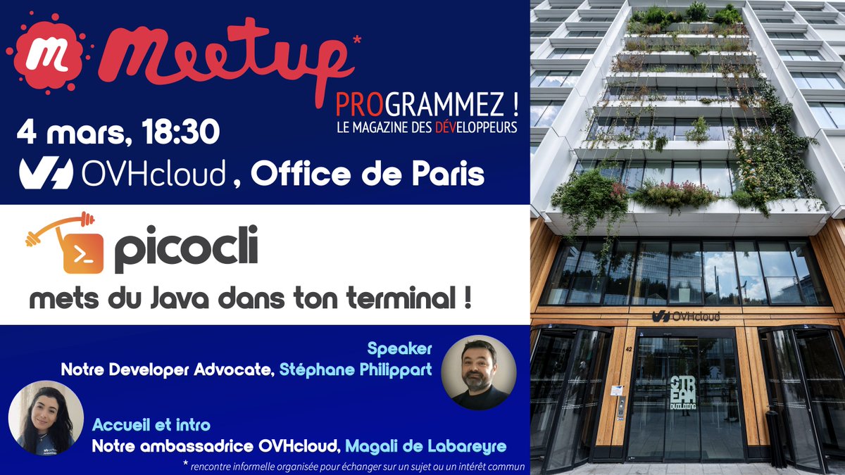 OVHcloud Careers (@ovhcloudcareers) on Twitter photo 🎤<a href="/progmag/">Magazine Programmez!</a> & les Ambassadeurs #OVHcloud s'associent pour organiser une série de 4 meetup. 🗓️ 4 mars à 18h30. Stéphane nous proposera de faire du CLI avec Picocli.
🎟️ Inscrivez-vous ! On Vous Héberge pour la soirée 😁 bit.ly/3QzCEkz
<a href="/francoistonic/">françois tonic</a> <a href="/wildagsx/">Stéphane Philippart 🥑🍊</a> <a href="/mag_ovh/">Mag</a> 🎤<a href="/progmag/">Magazine Programmez!</a> & les Ambassadeurs #OVHcloud s'associent pour organiser une série de 4 meetup. 🗓️ 4 mars à 18h30. Stéphane nous proposera de faire du CLI avec Picocli.
🎟️ Inscrivez-vous ! On Vous Héberge pour la soirée 😁 bit.ly/3QzCEkz
<a href="/francoistonic/">françois tonic</a> <a href="/wildagsx/">Stéphane Philippart 🥑🍊</a> <a href="/mag_ovh/">Mag</a>