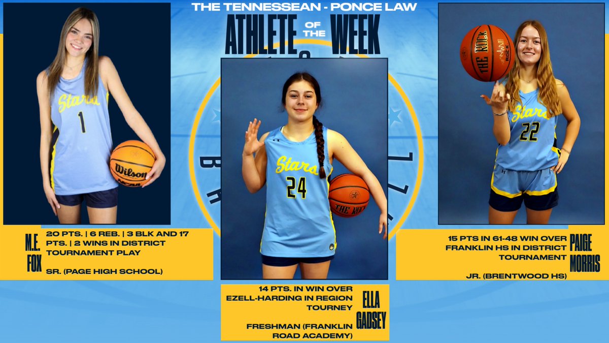 Congratulations to these three outstanding STARS Athletes who were nominated for The Tennessean HS Girls' Athlete of the Week. 

M.E. Fox (Page HS) <a href="/MaryEFox/">Mary Elizabeth Fox</a>
Ella Gadsey (FRA) <a href="/EllaGadsey/">Ella Gadsey</a>
Paige Morris (Brentwood HS) <a href="/paigemorris26/">paige morris</a>

Vote! bit.ly/4iaz6ks