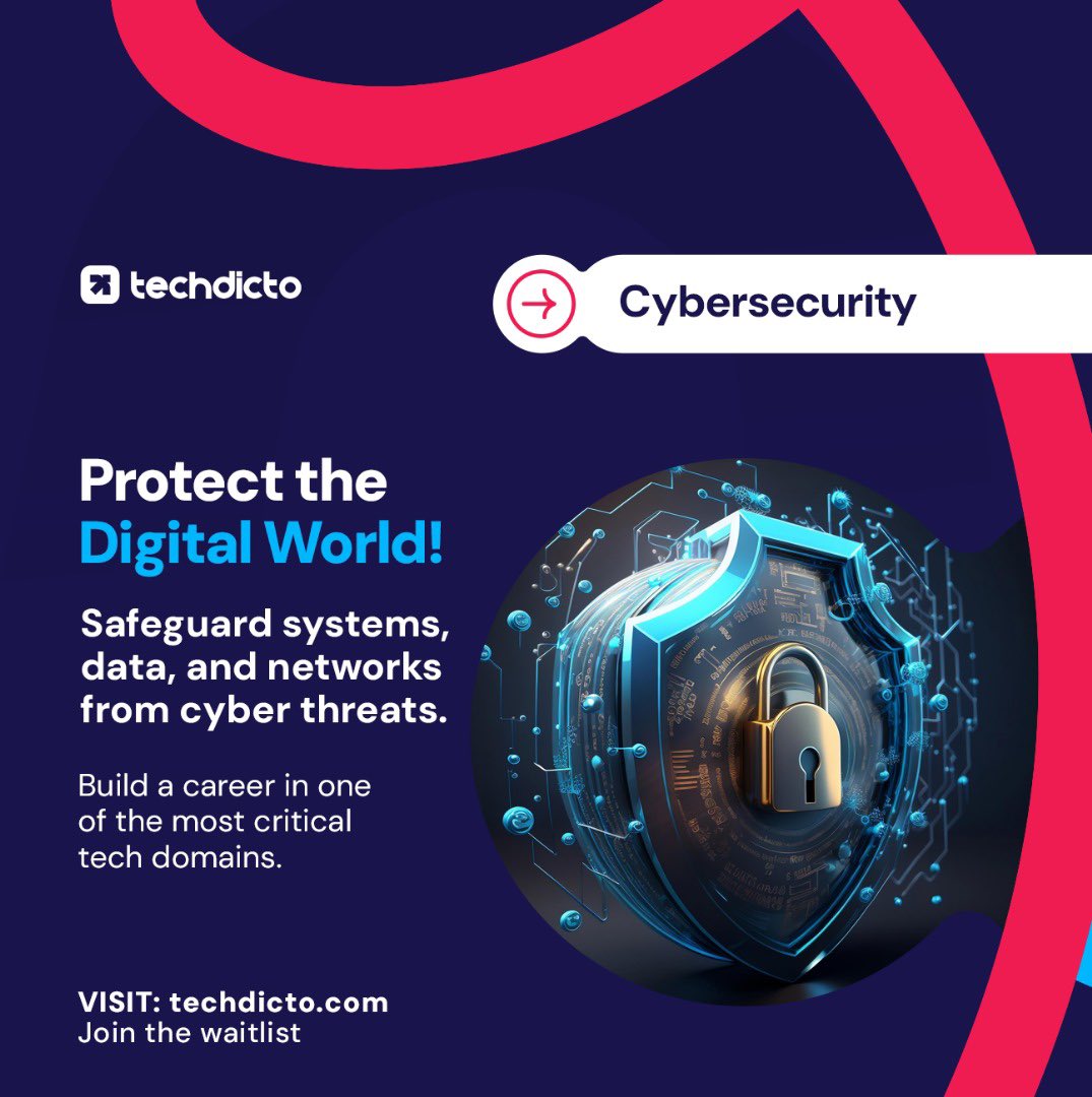 techdicto's tweet photo. Protect the Digital World! 

- Safeguard systems, data, and networks from cyber threats. 
- Build a career in one of the most critical tech domains. 

Join the waitlist at https://t.co/bhlQgaAcCo
#Cybersecurity #TechCareers #DigitalProtection #LearnTech https://t.co/Wb6xYdLThH