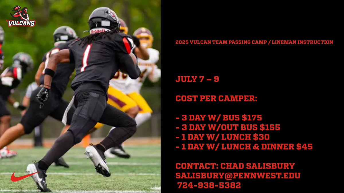 🔥Vulcan Football Team Camp🔥

Save the Date
📅: July 7-9th

- Passing Camp
- Lineman Instruction

#VulcanFootball 🔥🏈