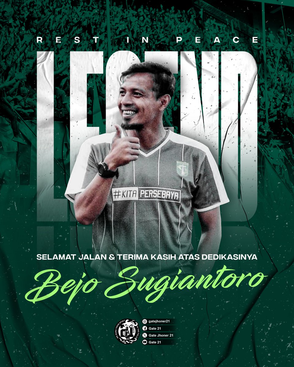 Innalillahi Wa Innalillahi Rojiun
keluarga besar tribun Gate Jhoner 21 turut berduka cita sedalam2nya atas berpulangnya legenda dan asisten pelatih Persebaya abah Bejo Sugiantoro.
Semoga amal ibadah almarhum diterima Allah SWT dan keluarga yg ditinggalkan diberi ketabahan.
Aamiin
