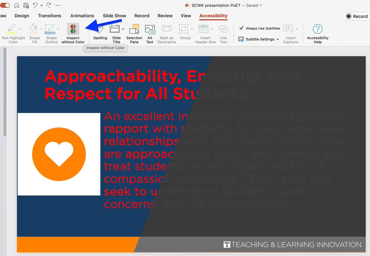 TeachingAtUTK's tweet image. Color Vision Deficiency (CVD) affects about 1 in 12 male and 1 in 200 female students, seriously affecting their ability to read from a computer screen or projector. Most presentation software has an accessibility tool.

#TeachingTipTuesday #TLIatUTK