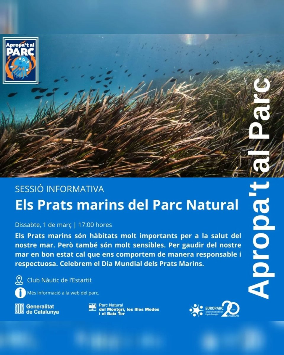 VisitEstartit's tweet photo. #Apropat al Parc i coneix els seus Prats Marins. Uns hàbitats molt importants per la salut del nostre mar.
📅 Dissabte, 1 de març / 17h / Club Nàutic l'Estartit
👉https://t.co/JjjYi8UfB0
#visitestartit https://t.co/886CogyZuN