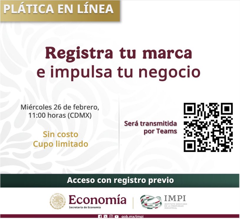 #ElTecNMInforma
En el marco del convenio de colaboración suscrito entre el #TecNM y el Instituto Mexicano de la Propiedad Industrial (IMPI), se invita a la #ComunidadTecNM a participar en la plática en línea “Registra tu marca e impulsa tu negocio”, que se realizará mañana