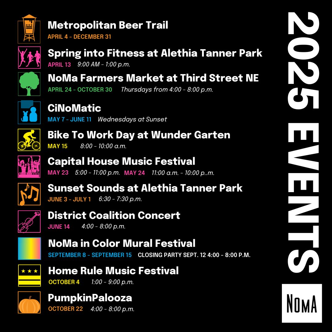 NoMaBID's tweet image. NoMa’s 2025 Signature Events Are Here! 🎉✨
Get ready for a year packed with fitness, beer trails, outdoor concerts, movie nights, mural magic, and more! Check out what’s coming to NoMa in 2025: ow.ly/rR3850V5EAB