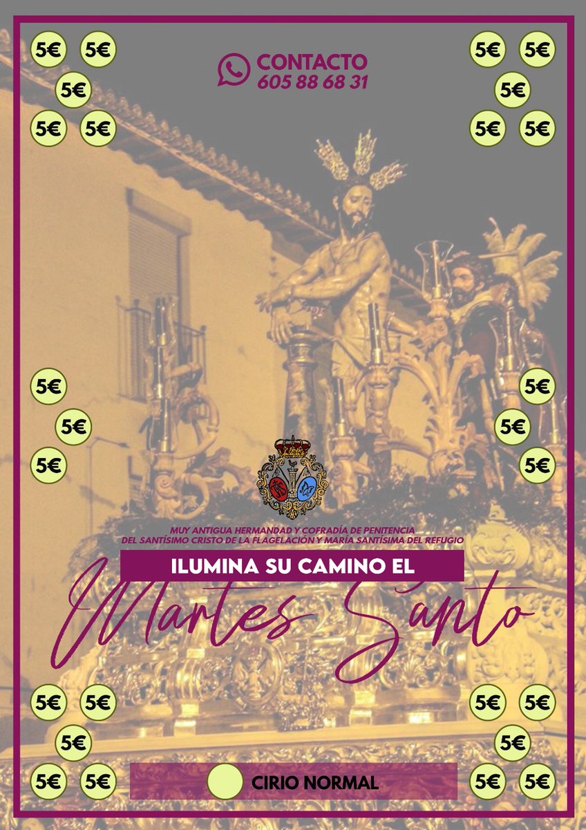 🟣 ILUMINA EL CAMINO DE NUESTROS TITULARES 🟣

Os dejamos por aquí la candeleria de ambos pasos por si hay alguien que quiera donar algún cirio o flor de cera.

Quien esté interesado/a que se ponga en contacto con el número que aparece en el cartel.

#SiempreFlagelacionyRefugio