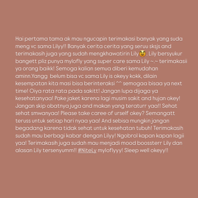 Lily_JKT48's tweet photo. Terimakasih sudah berjuang untuk harii inii! And terimakasi banyak sudah menyambung
#TaLySilaturahmi nyaa! Apapun yang terjadi kamu cukup fokus sama diri kamu ya! Jangan sampai omongan orang lain bikin km down okey? Aku percaya kamu pasti bisa melewati ini smwa  kok! Semangat ^^ https://t.co/qnWCDszKZU