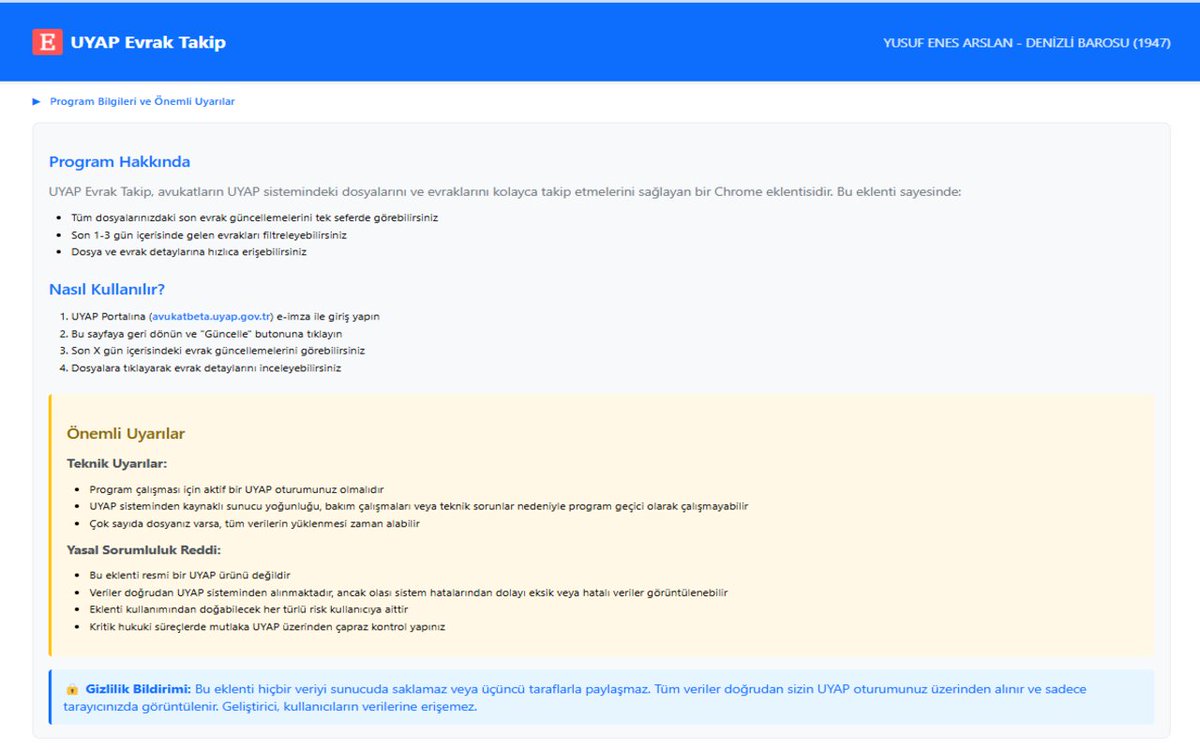📢 UYAP Evrak Takip - Chrome Eklentisi Yayında!

🔍 Avukatlar için UYAP'taki tüm dosya ve evraklarınızı tek tıkla takip edin:

✅ Son günlerde gelen evrakları otomatik filtreleme
✅ Aktif/kapalı tüm dosyaları listeleme
✅ Offline çalışma özelliği
✅ Kullanıcı dostu arayüz
✅ %100