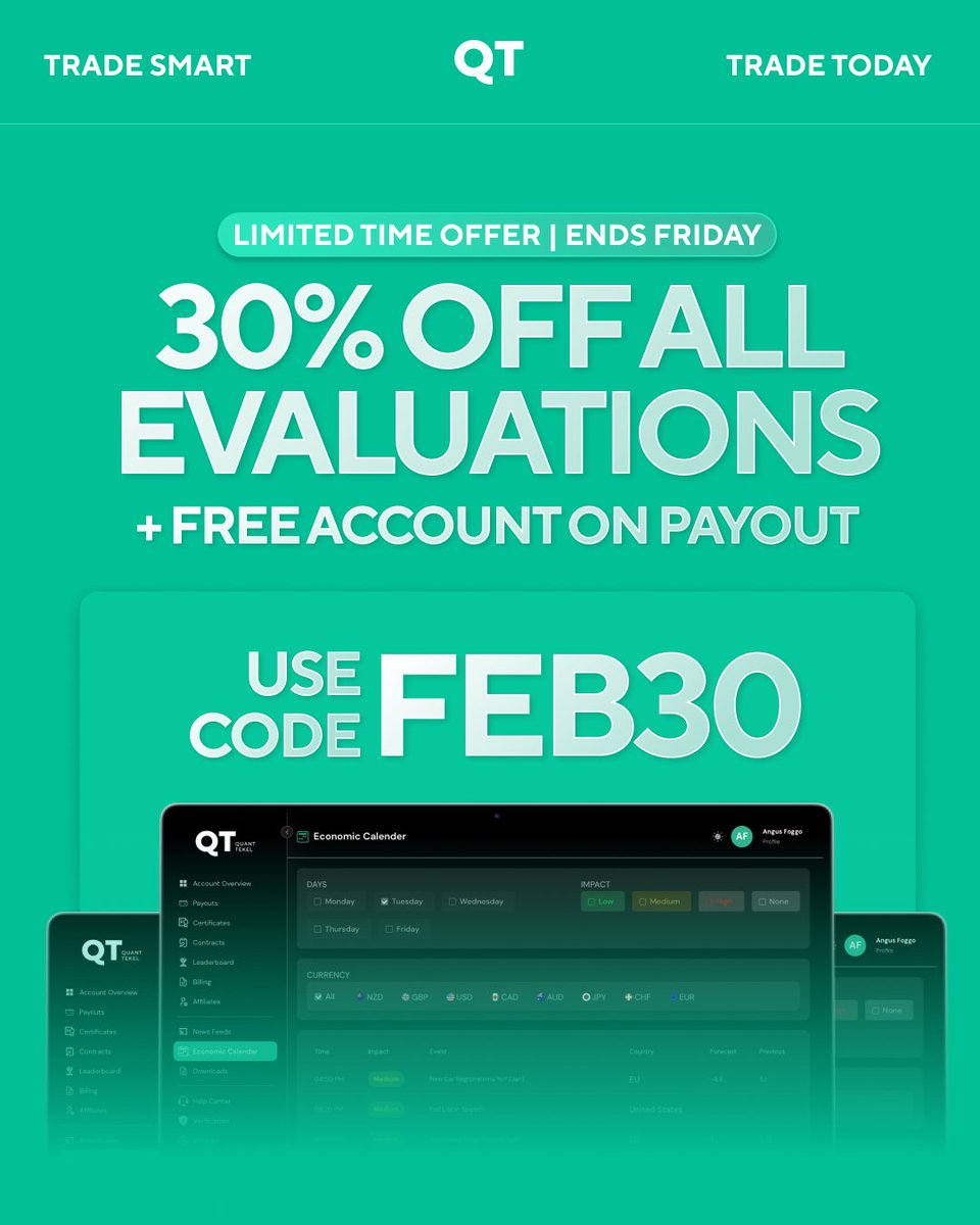 QtFunded's tweet photo. 🔥 LIMITED TIME OFFER | ENDS FRIDAY : 30% OFF ALL EVALUATIONS! 🔥

Plus, get a FREE ACCOUNT on payout when you pass your evaluation.

Use code: FEB30

Don't wait until it's too late. Start your funded trading journey today. https://t.co/SW97lEdaFj