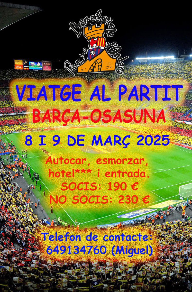 PB d’Ondara: viatge al FCB-Osasuna el cap de setmana del@8 i 9 de març. Autocar, esmorzar, hotel i entrada. <a href="/ConfePenyesFCB/">Confederació Penyes FC Barcelona</a>