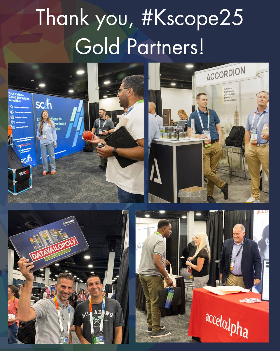 odtug's tweet image. Our ODTUG #Kscope25 Gold Sponsors are a key part of the attendee experience, and help make the Exhibit Hall an interactive and FUN environment.  Thank you Accelalpha, @Accordion, @datavail and @SCHGroup!

#orclAPEX #orclAnalytics #orclDB #orclEPM #OracleOCI