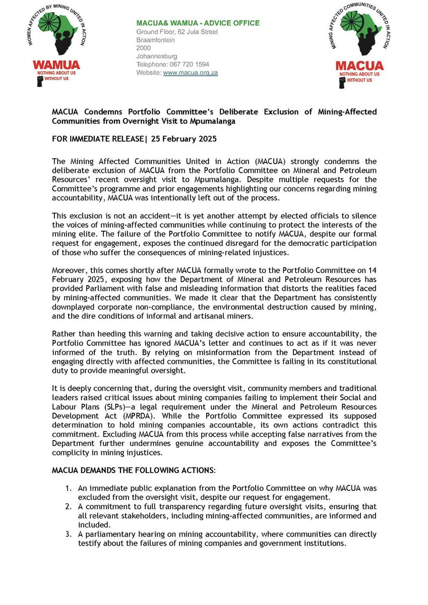 macua_sa's tweet photo. MACUA strongly condemns the deliberate exclusion of MACUA from the Portfolio Committee on Mineral and Petroleum Resources’ recent oversight visit to Mpumalanga. Despite multiple requests for the Committee’s programme and prior engagements highlighting our concerns regarding mining accountability, MACUA was intentionally left out of the process.
@TheCitizen_News 
@SABCNews 
@IOL 
@ewnupdates 
@News24 
@Newzroom405
