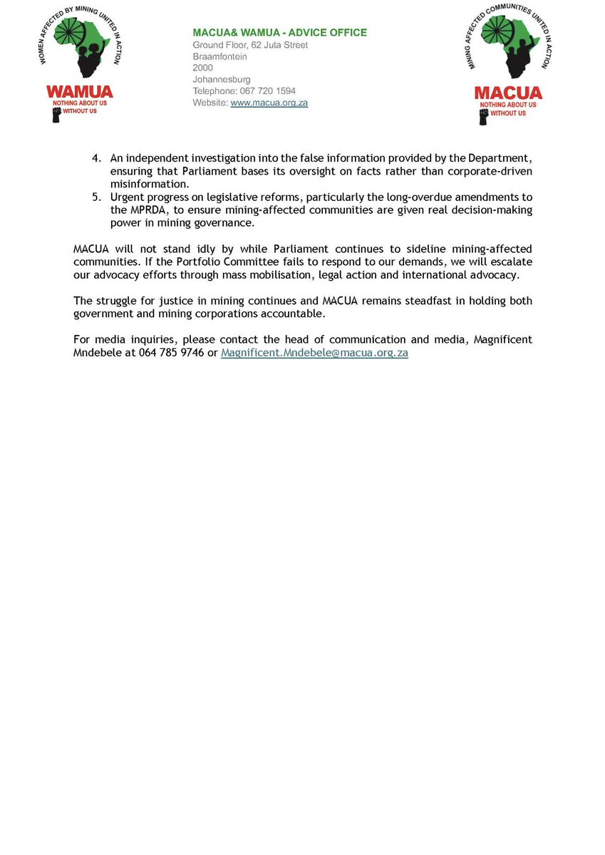 macua_sa's tweet photo. MACUA strongly condemns the deliberate exclusion of MACUA from the Portfolio Committee on Mineral and Petroleum Resources’ recent oversight visit to Mpumalanga. Despite multiple requests for the Committee’s programme and prior engagements highlighting our concerns regarding mining accountability, MACUA was intentionally left out of the process.
@TheCitizen_News 
@SABCNews 
@IOL 
@ewnupdates 
@News24 
@Newzroom405