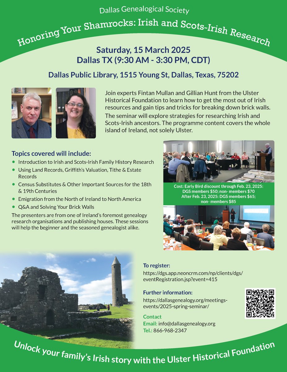 On Saturday 15 March we will be in #Dallas, #Texas, giving talks on #IrishGenealogy <a href="/dallaslibrary/">Dallas PublicLibrary</a> with <a href="/DGStx/">Dallas Genealogical Society</a>  

For more information and to book your place, please visit: dallasgenealogy.org/meetings-event…

#2025IrishGenealogyTourUSA

#IrishFamilyHistory