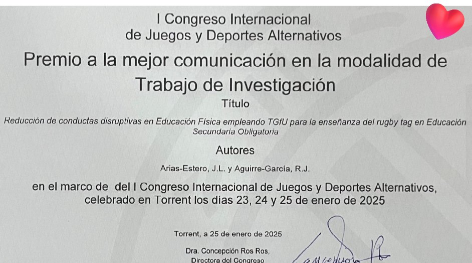 Hace 1s días estuvimos en el I Congreso Internacional de Juegos y Deportes Alternativos presentando experiencias💡con <a href="/TGfUInfo/">TGfU</a> y aprendiendo #edufis con <a href="/DeBrandiAlejan1/">De Brandi Alejandro</a> <a href="/UMUEdufide/">Grupo de Investigación EDUFIDE</a> <a href="/UMUdivulga/">UMU Divulga</a> <a href="/UMU/">Universidad Murcia</a> <a href="/EducacionUm/">Facultad Educación UM</a> <a href="/research_um/">Research-UMU</a> y obtuvimos el premio a la mejor investigación😊