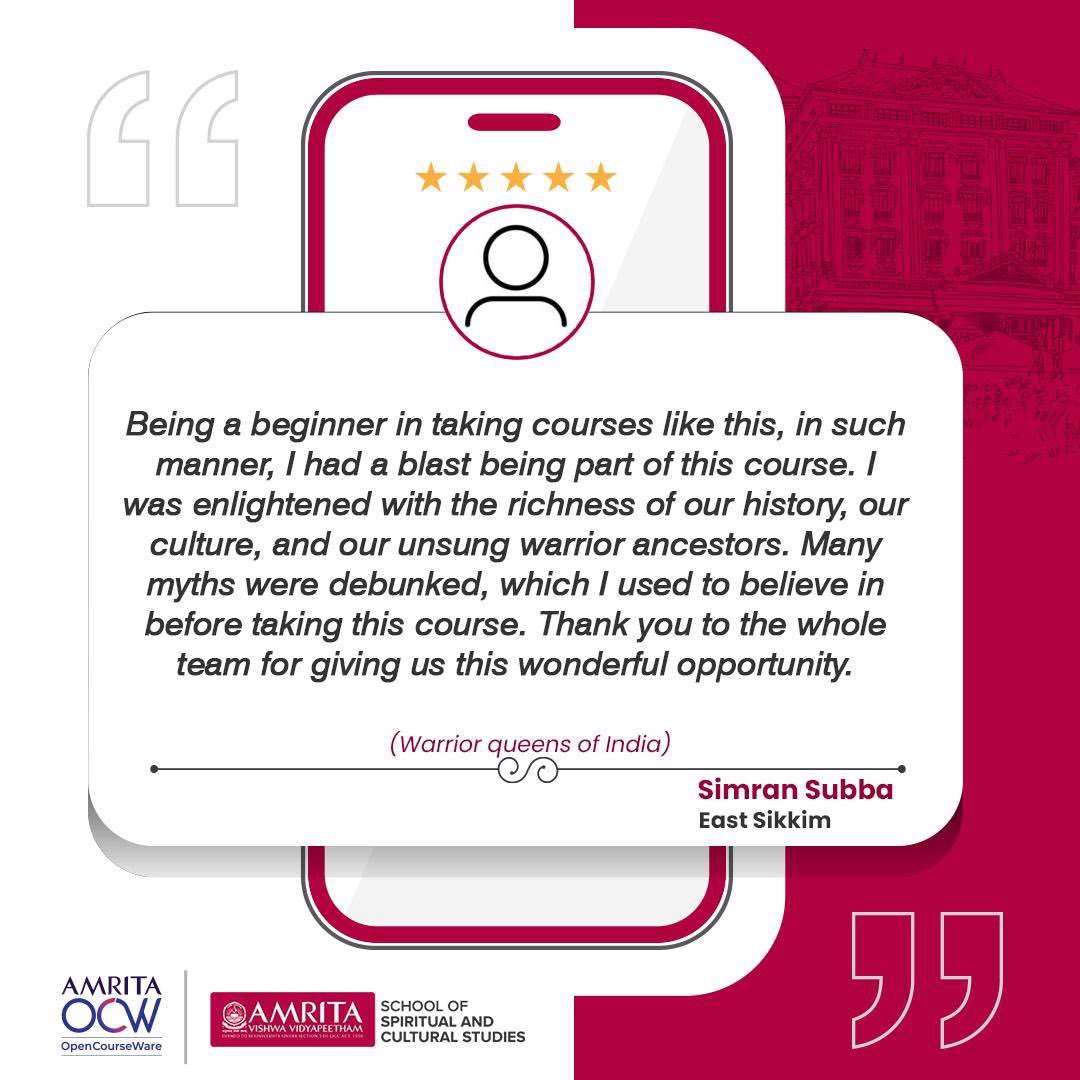 amritasscs's tweet image. A testimonial from Simran Subba on our #Online #OpenCourseWare, Essence of #YogaSutras.

#Testimonials #FreeLearning #OnlineLearning #DistanceEducation #EducationForAll #Mindfulness #Yoga #YogaForAll #YogaLife #Meditation