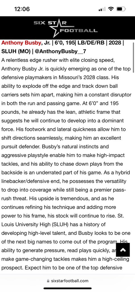 AnthonyBusby_'s tweet image. Thank you @6starfootballMO @sixstarfootball for these amazing write ups 💯💯💯 #ALotToProve @CoachAdamCruz1 @SLUHfootball @AllenTrieu @JPRockMO @Excel360Footba1
