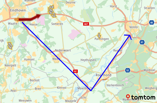 ANWBverkeer's tweet photo. Nog altijd +30 min. op de #A67. Verkeer naar Venlo kan vanaf knp. Leenderheide omrijden via de #A2, #N276 en de #A73. https://t.co/QXxiUrIS0Y