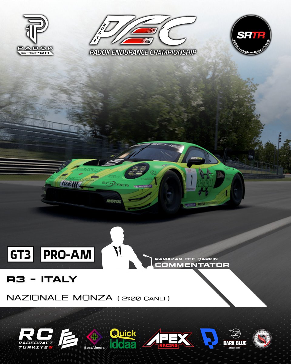 PadokSimRacing's tweet photo. ⬜️ GT3 PRO-AM YARIŞ GÜNÜ - MONZA
3⃣ PEC 2025 1. Sezon'a GT3 PRO-AM kategorimizin üçüncü yarışı Monza ile devam ediyoruz.
📺 Yarış Ramazan Efe ÇAPKIN'ın sunumuyla 21:00da Twitch ve Kick kanallarımızda canlı yayınlanacak, sakın kaçırmayın!
#⃣ #PEC2025S1 #PADOKESPOR #SIMRACERSTR https://t.co/9YJrNJnDju