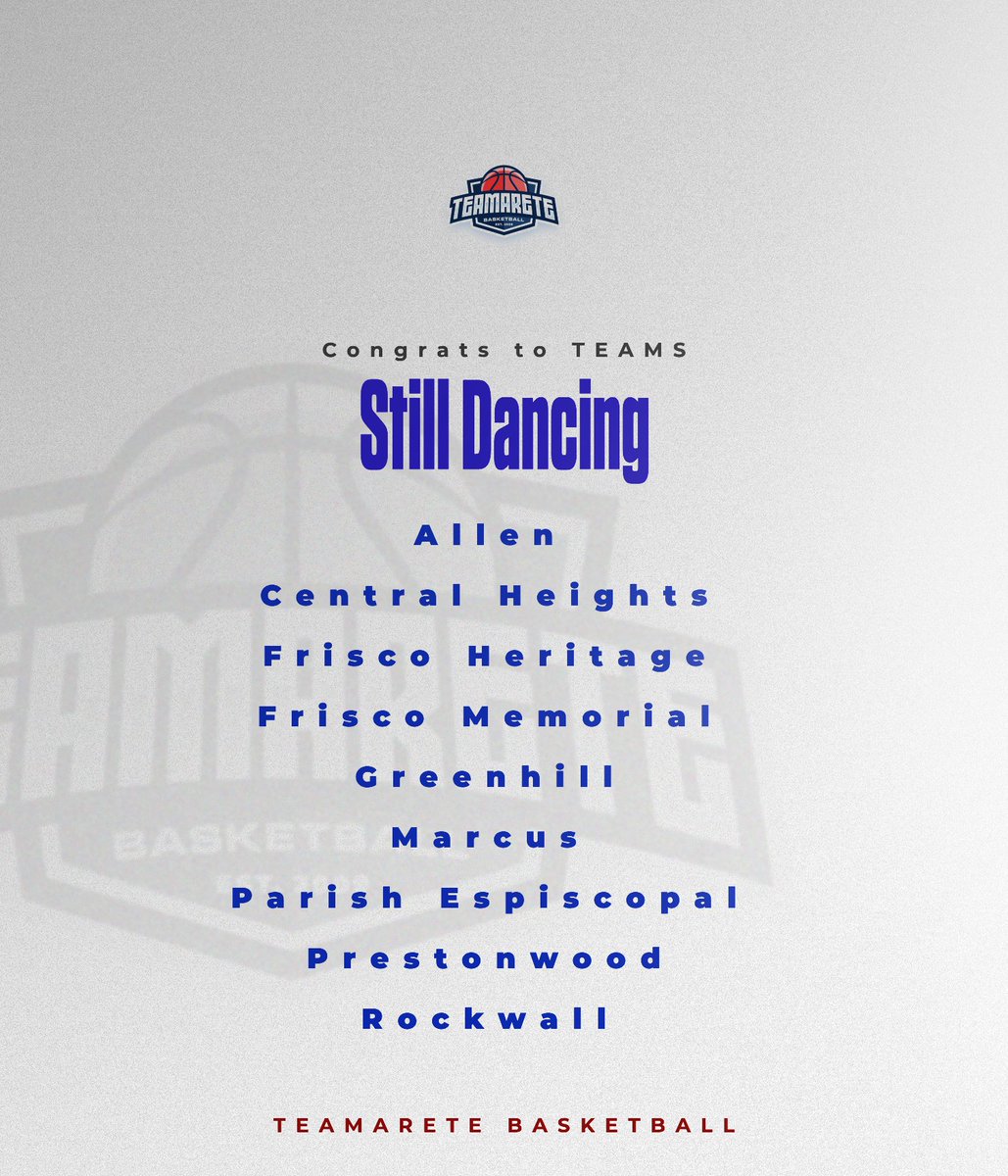 TeamARETE Basketball (@teamaretebb) on Twitter photo TeamARETE Teams Still Dancing:
<a href="/AllenEagleBball/">Allen (TX) Basketball 🏀</a>
Central Heights
<a href="/CoyoteBball/">Heritage Basketball</a>
<a href="/FriscoMemo_BB/">Frisco Memorial Basketball</a>
<a href="/MarcusBsktBall/">MARAUDER BASKETBALL</a>
<a href="/ParishPantherBB/">Parish Panthers Boys Basketball</a>
@PCAathletics
@Rockwallhoops
Congrats to @<a href="/GreenhillMBB/">Greenhill Basketball</a> SPC State Champs
Good Luck from TeamARETE! TeamARETE Teams Still Dancing:
<a href="/AllenEagleBball/">Allen (TX) Basketball 🏀</a>
Central Heights
<a href="/CoyoteBball/">Heritage Basketball</a>
<a href="/FriscoMemo_BB/">Frisco Memorial Basketball</a>
<a href="/MarcusBsktBall/">MARAUDER BASKETBALL</a>
<a href="/ParishPantherBB/">Parish Panthers Boys Basketball</a>
@PCAathletics
@Rockwallhoops
Congrats to @<a href="/GreenhillMBB/">Greenhill Basketball</a> SPC State Champs
Good Luck from TeamARETE!