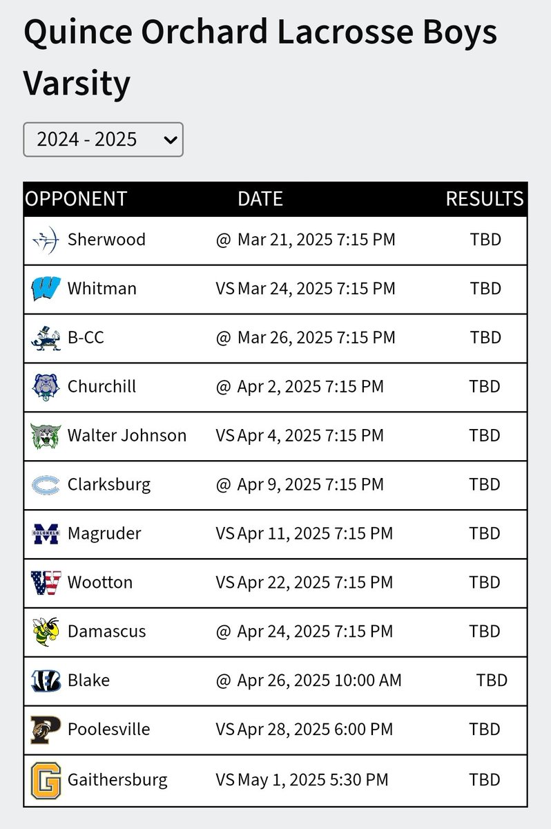 Quince Orchard Lacrosse 🥍 Schedule 

Come out and support our team and school.
