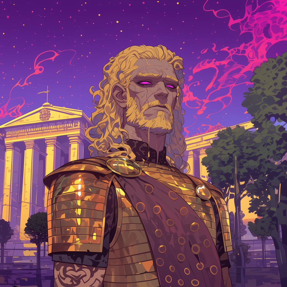 A lion’s mane of golden flame,
A warrior born to shape his name.
Eyes of violet, glowing bright,
He holds the stars within his sight.
Beneath a sun, in battles won,
He stands, a king, no longer young.
His armor gleams with tales of war,
A legacy is written evermore.
Through