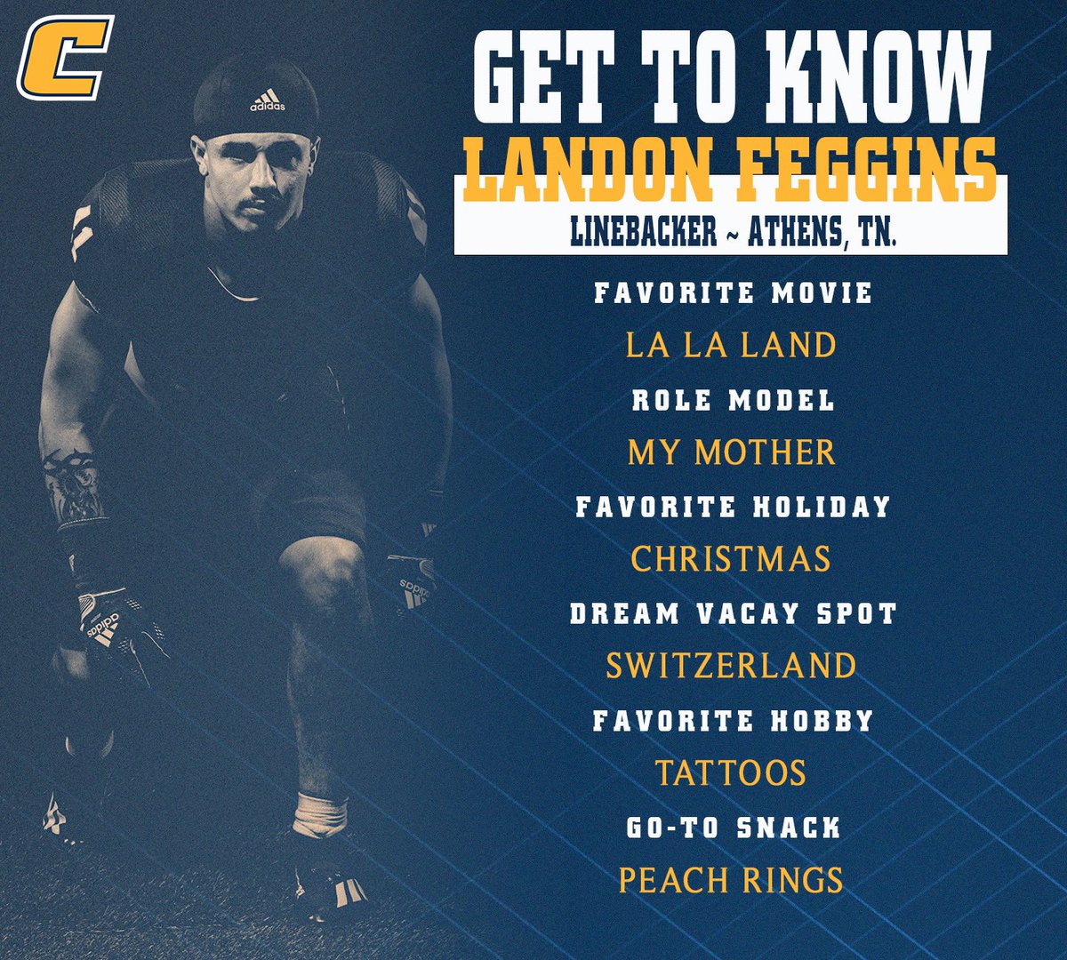 Chattanooga Football (@gomocsfb) on Twitter photo Next up, meet Landon!!
Name: Landon Feggins - <a href="/Feggins_41/">Landon Feggins🕸</a>
Number: #41
Position: Linebacker
Hometown: Athens, Tennessee Next up, meet Landon!!
Name: Landon Feggins - <a href="/Feggins_41/">Landon Feggins🕸</a>
Number: #41
Position: Linebacker
Hometown: Athens, Tennessee
